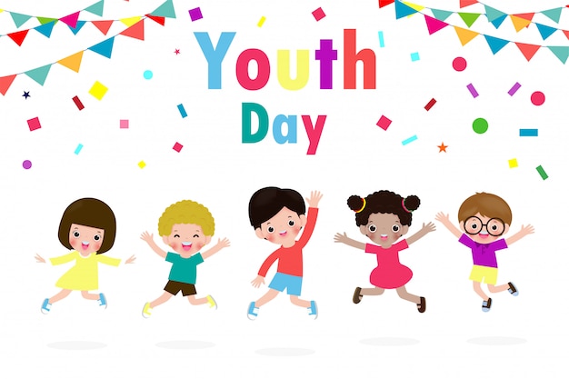 Happy youth day Teen people group of diverse girls and boys jumping together