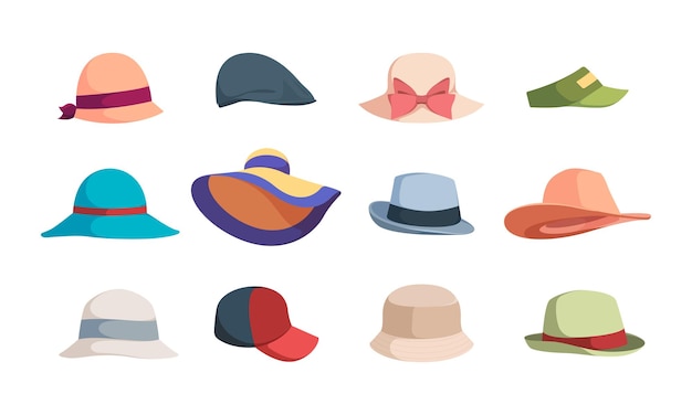 Hats Fashioned head clothes summer caps and hats for woman garish vector illustrations collection isolated