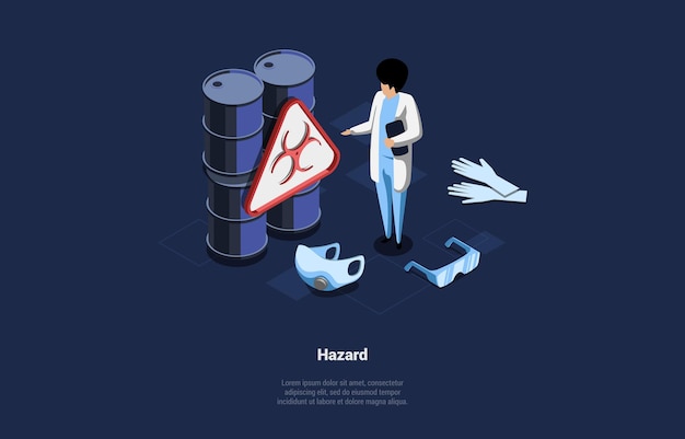 Hazard And Biological Weapon Concept Laboratory Scientist Near Barrels With Dangerous Contents Inside Means of Protection Against Dangerous Substances And Liquids Isometric 3d Vector Illustration