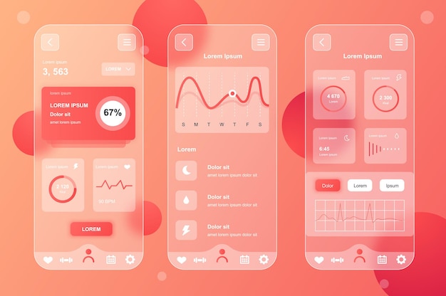 Health Tracking glassmorphic design neumorphic elements kit for mobile app UI UX GUI screens set