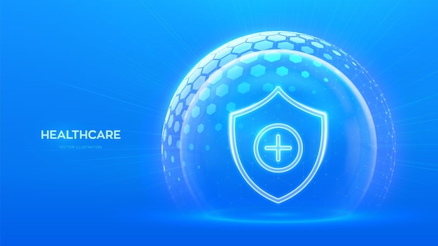 Vector healthcare health insurance protection shield cross icon inside transparent dome sphere