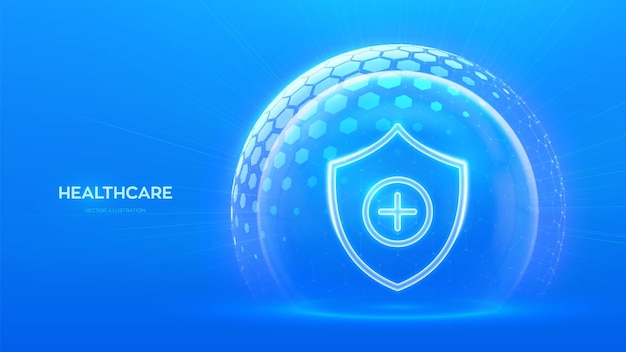 Healthcare Health insurance Protection shield cross icon inside transparent dome sphere