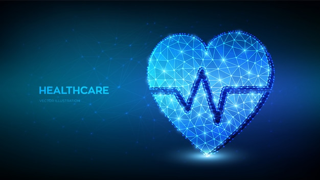 Healthcare, medicine and cardiology concept. Heart icon with heartbeat line. Abstract low polygonal heart with ecg line. Emergency service.