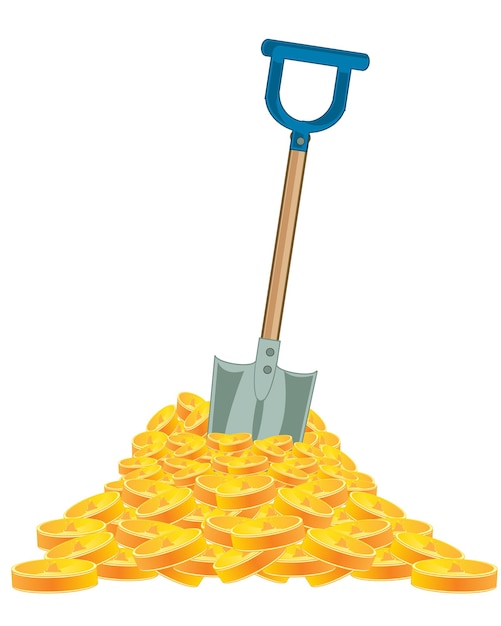 Vector heap of the golden coins and tool shovel