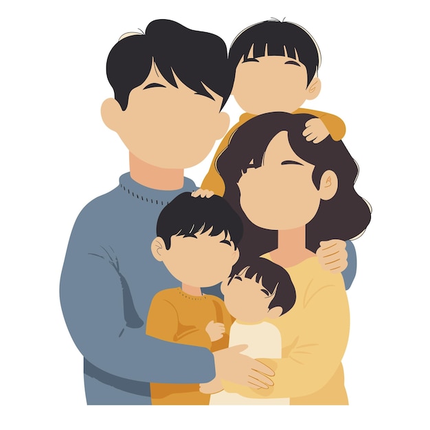 Vector heartwarming illustration of a closeknit family of five symbolizing unity and love