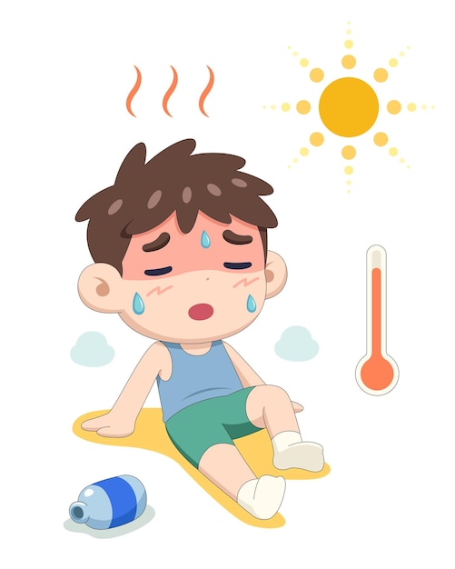 Heat stroke child cartoon illustration