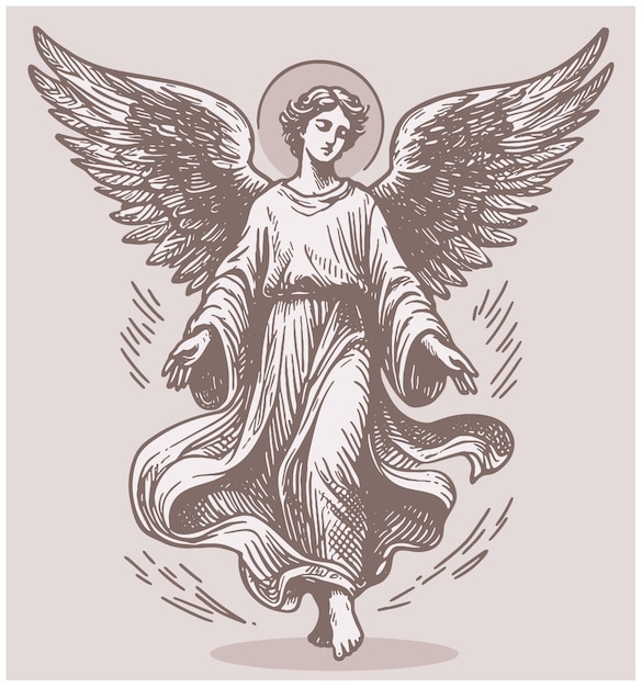 heavenly angel vector drawing in engraving style on a light background