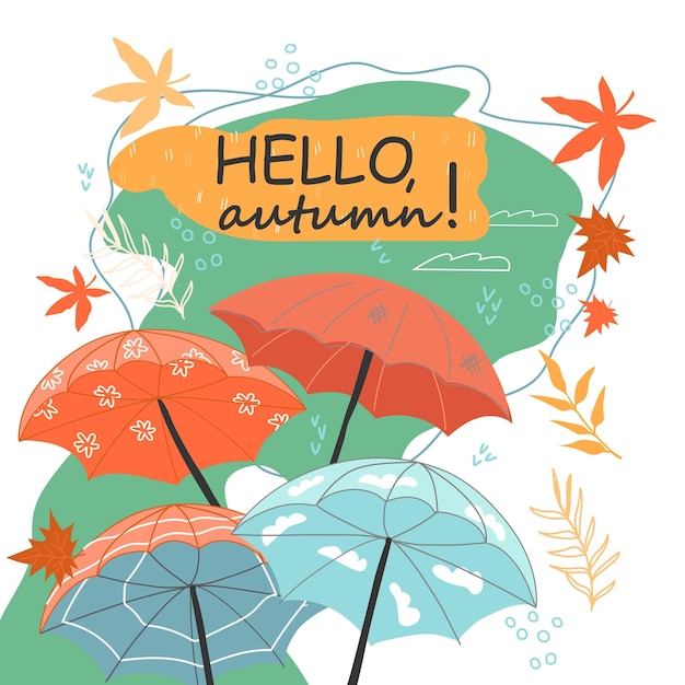 Hello autumn card or poster template with umbrellas in rain flat cartoon vector illustration on white background Autumn season banner or poster design