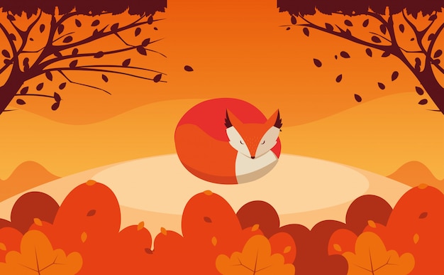 Hello autumn illustration with fox animal