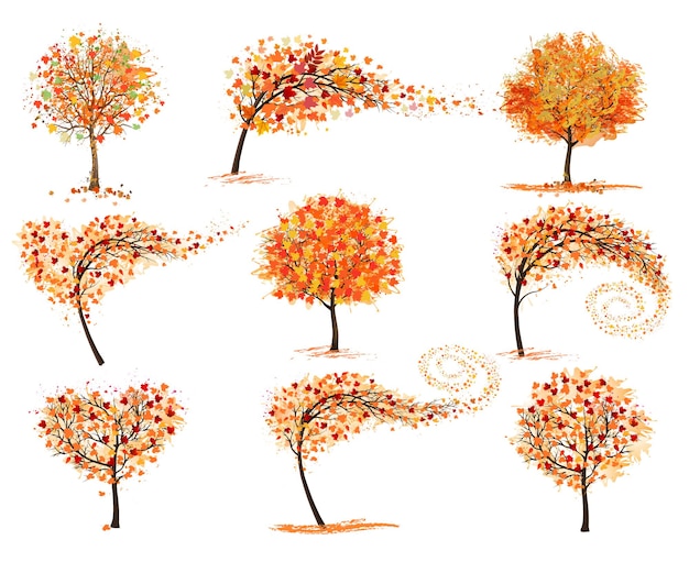 Vector hello a gold autumn set of autumn inspired trees with colorful leaves vector illustration