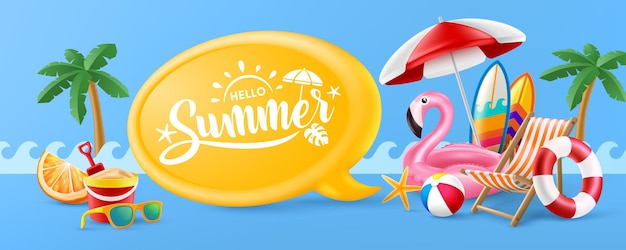 Hello Summer poster or banner template with Pink Flamingo Pool Float Beach