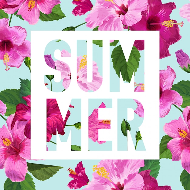 Hello Summer Poster. Floral Design with Purple Hibiscus Flowers for T-shirt