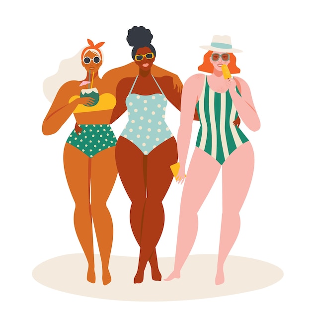 Hello summer time beach illustration in women in swimsuits