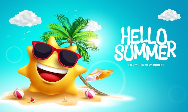 Hello summer vector design. Summer text with sun character smiling in beach sand island. Vector