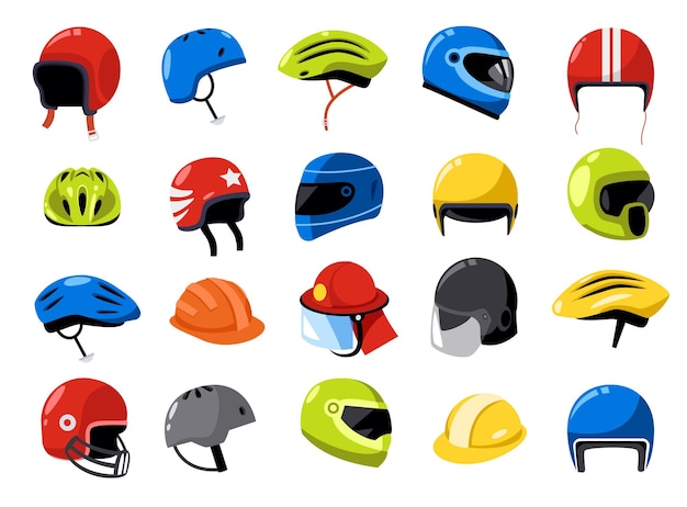 Helmet collection Cartoon bike motorcycle driver sport building engineer worker security hats head protection concept flat style Vector isolated set