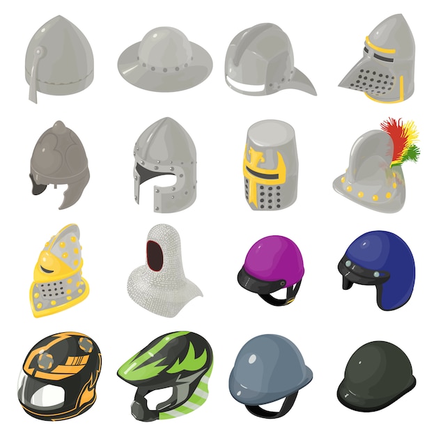 Helmet hat icons set. Isometric illustration of 16 helmet hat vector icons for web