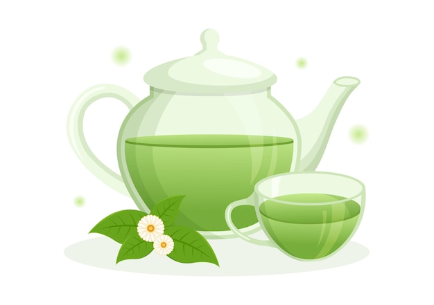 Herbal Tea Illustration with Chamomile Leaves of Health Drink Green to Increase Endurance Concept