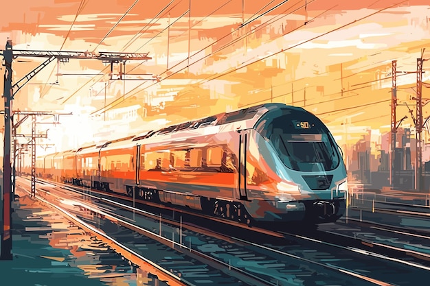 Highspeed train in motion on the railway station at sunset Fast moving modern passenger train on r