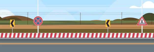 Highway hill asphalt road and city road outdoor with traffic signs design flat vector illustration.