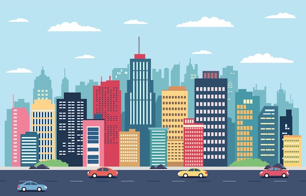 Vector highway street in city with cityscape building flat design illustration