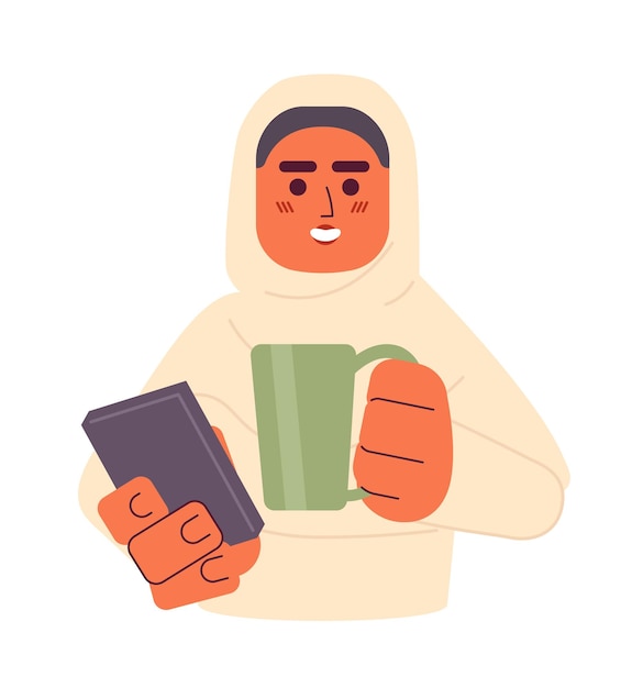 Hijab girl holding phone drinking tea 2D cartoon character