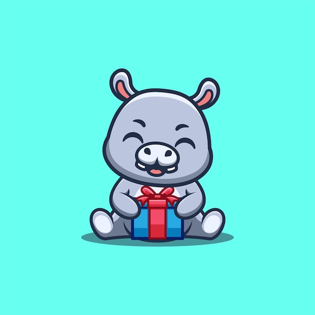 Hippo Sitting Gift Box Cute Creative Kawaii Cartoon Mascot Logo