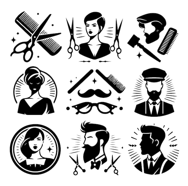 Vector hipster barber shop vector illustration vintage logo badge beard scissors razor curly beard