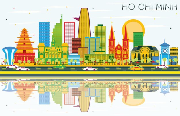 Vector ho chi minh skyline with color buildings, blue sky and reflections. vector illustration. business travel and tourism concept with modern buildings. image for presentation banner placard and web site.