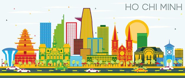 Vector ho chi minh skyline with color buildings and blue sky. vector illustration. business travel and tourism concept with modern buildings. image for presentation banner placard and web site.