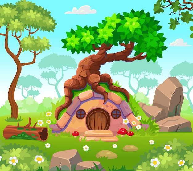 Hobbit house with old branchy tree in the forest Fairy dwelling with round wooden door and windows