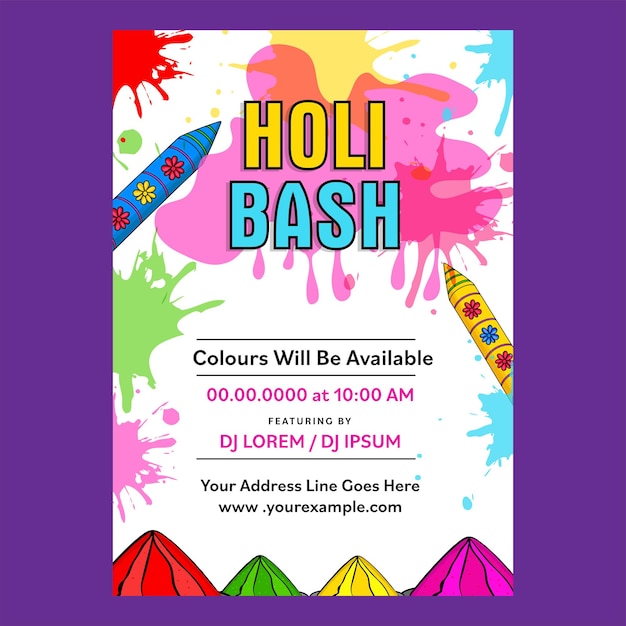 Holi Party Flyer Or Invitation Card With Color Guns Pichkari Powder Gulal Plates And Splash Effect On White Background