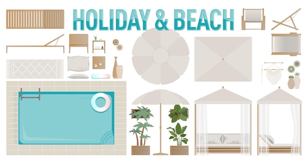 Vector holiday and beach furniture drawings for rendered architectural plan and elevation drawings