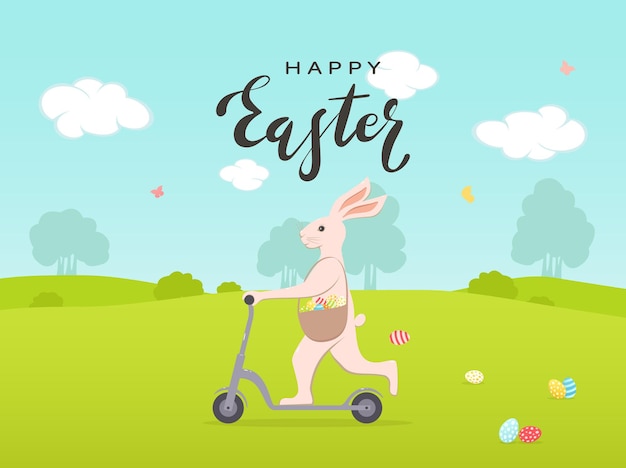 Holiday theme with painted Easter eggs and cute bunny on a scooter. Lettering Happy Easter on sky background, illustration.