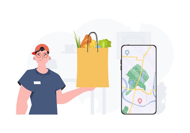 Vector home delivery concept a man is holding a bag of food cartoon style vector