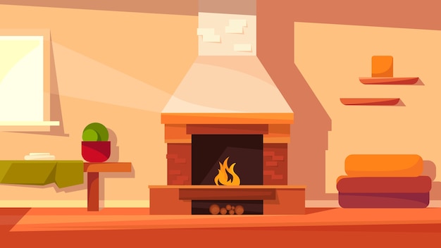 Home interior with fireplace. Cozy location in cartoon style.