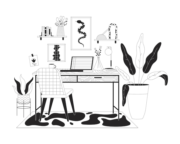 Home office with laptop black and white line illustration