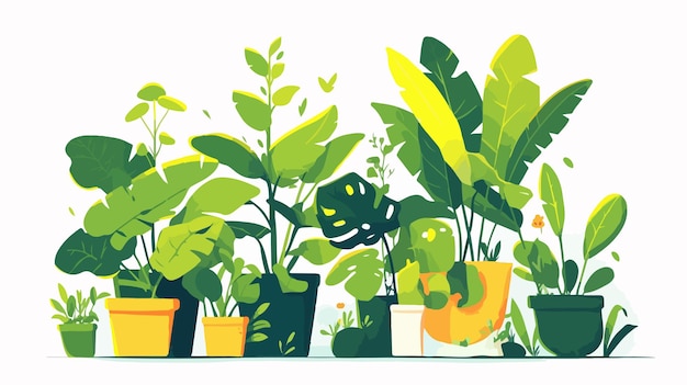 Vector home plant icon with green flowers and large leaves