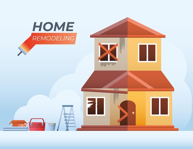 Home remodeling before and after with tools ladder toolbox and bucket vector illustration