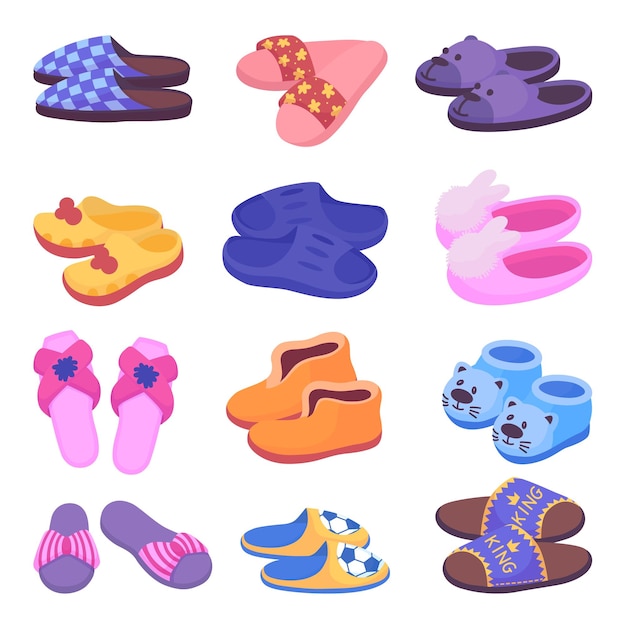 Home slippers cartoon set Winter fur slipper for kids and adults fluffy shoes Various cozy warming footwear isolated neoteric vector garment of accessory footwear for household illustration