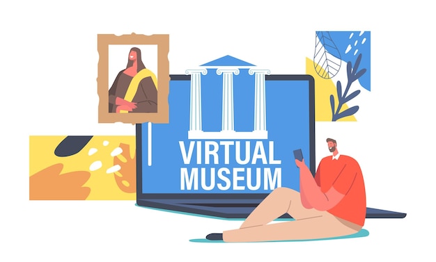 Home Vrije tijd Internettechnologie, virtueel onderwijs en entertainment. Klein mannelijk personage dat smartphone en laptop gebruikt voor het online bezoeken van wereldmuseum en tentoonstellingen. Cartoon mensen vectorillustratie