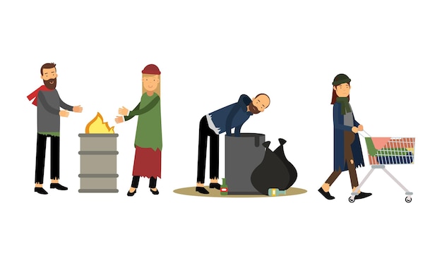 Vector homeless people characters warming near fire and searching for food in trash bin vector illustration