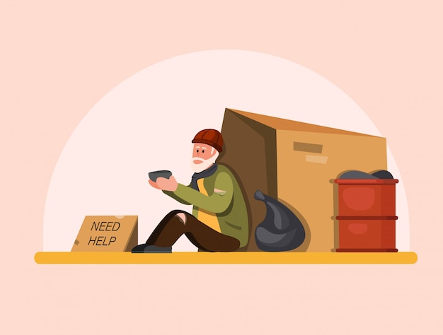 Vector homeless people need help, poor old man sitting in street waiting people to help. cartoon flat illustration 