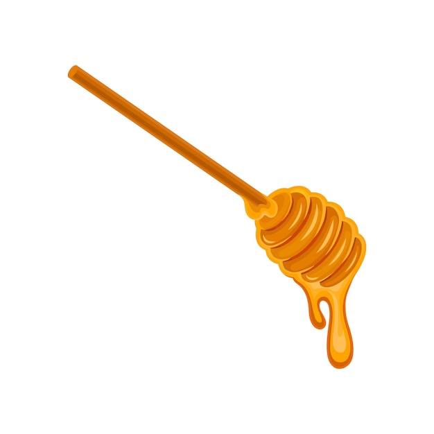 Honey dripping from wooden dipper Natural product from apiary farm Sweet and healthy food flat vector icon