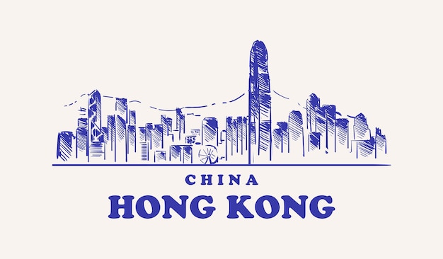 Vector hong kong sketch skyline hongkong hand drawn vector illustration isolated on white background