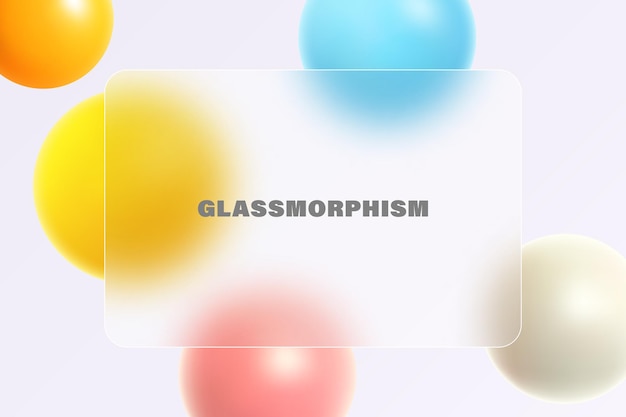 Horizontal banner with glass overlay effect with 3D balls in glass morphism style