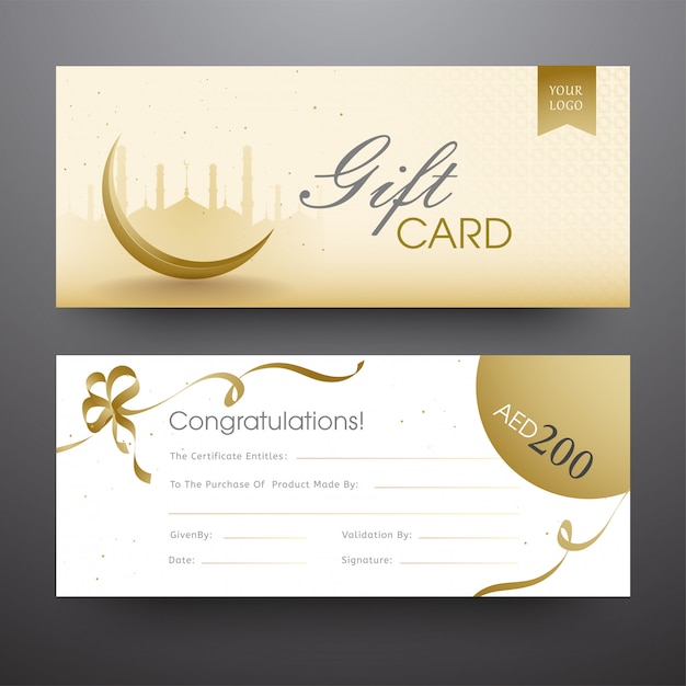 Horizontal gift card or banner set with silhouette mosque, cresc