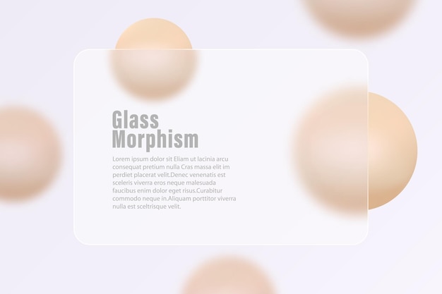 Horizontal glass translucent banner with levitating balls and spheres Abstract glass morphism background