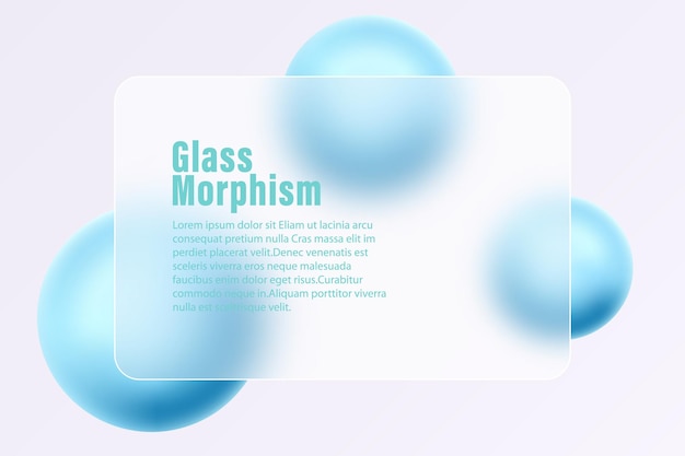 Vector horizontal glass translucent banner with levitating balls and spheres abstract glass morphism background