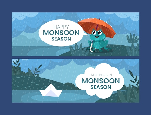 Vector horizontal sale banner template for monsoon season and rainy weather