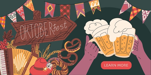 Vector horizontal web banner for oktoberfest beer festival the atmosphere of an autumn folk festival vector illustration in flat style